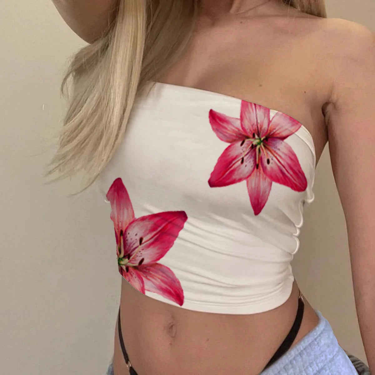 Women's Floral Print Tube Tops Summer Strapless Bandeau Tops Slim Fit Shirts Streetwear
