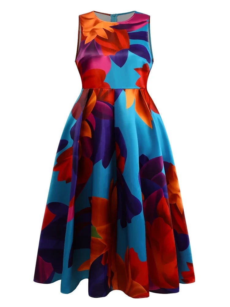 Women's Plus Size Dress Sleeveless Pleated A-Line Party Evening Maxi Dresses Floral Printed Casual Vintage Round Neck Dress