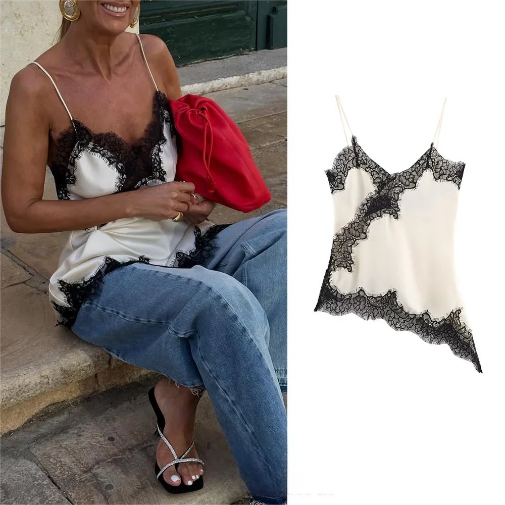 KONDALA Sexy Chic Black Lace Cami Tops Women V Neck Patchwork Sleeveless Y2K Girl Top Fashion 2025 Summer Fall Holiday Beach Top