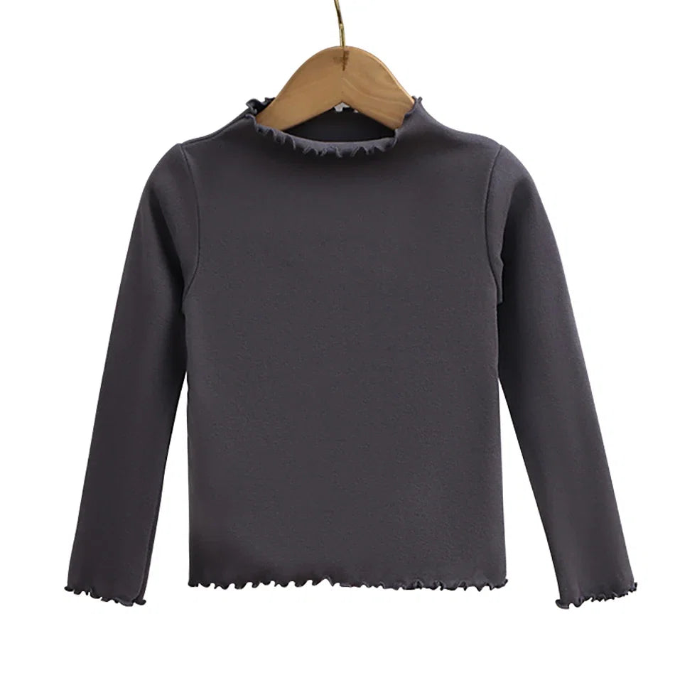 Children Clothing New Girls Base Shirt For Autumn and Winter Children Trendy Black Fungus Edge Solid Color Long Sleeved T-shirt