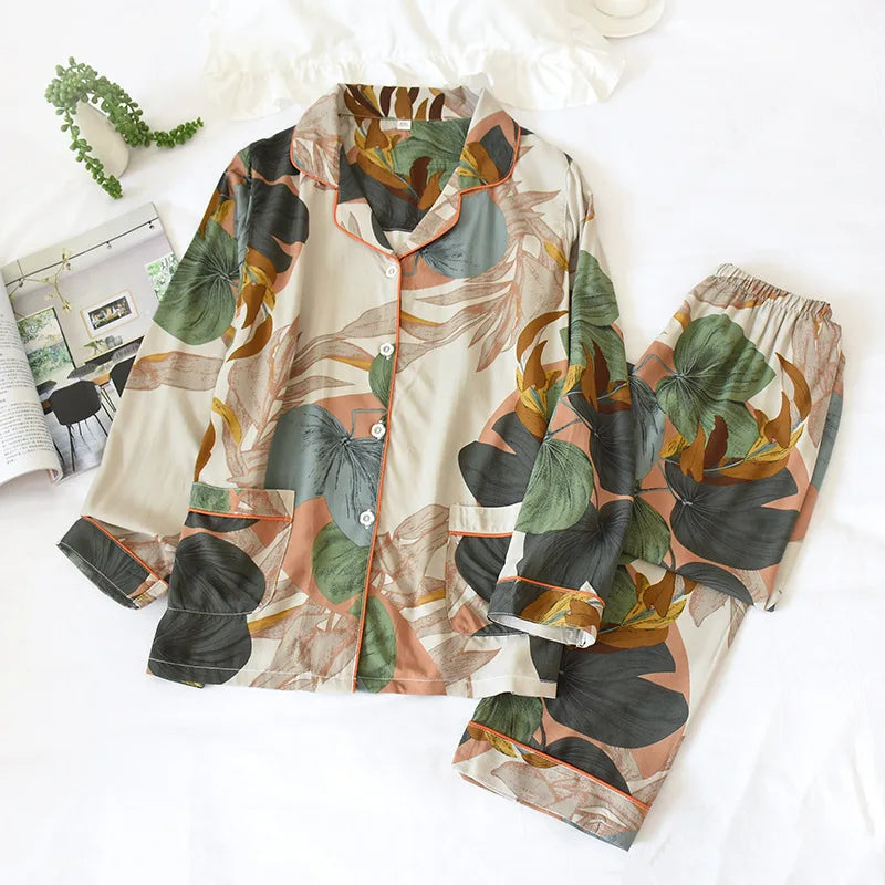 Spring / Summer New 100% viscose long-sleeved trousers ladies pajamas suit 3XL plus size long Sleepwear women's home Nightwear