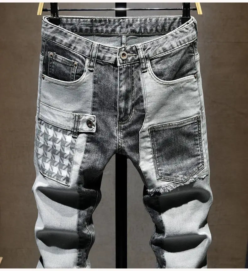 Reaper unit worldwide Streetwear 90s Slim Cowboy Grey Stretch Work Wear Splice Long Pants Man