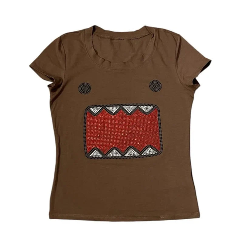 2025 summer new women Y2K Girl Retro Hot Fix Rhinestone Application Round  Neck Top T-shirt  Funny Vintage Tama Jun Top