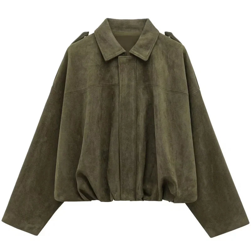 HXAO Suede Cropped Jacket Women's Bomber Jacket Oversized Batwing Sleeves Outerwears Lady Casual Loose Coat Street Style Jackets