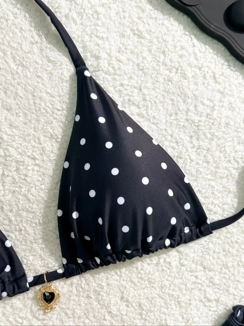 Sexy Bikini Set Black White Polka Dot 2 Piece Swimsuit for Women American Style Beach Bikini