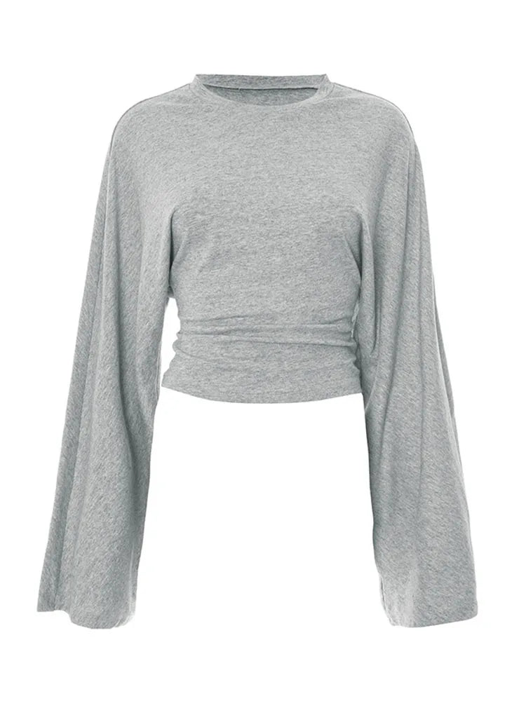Women's Long Sleeve O-Neck Skinny T-Shirt Monochromatic Crop Top Casual Y2K Streetwear Fashion Pullover Summer Outfit