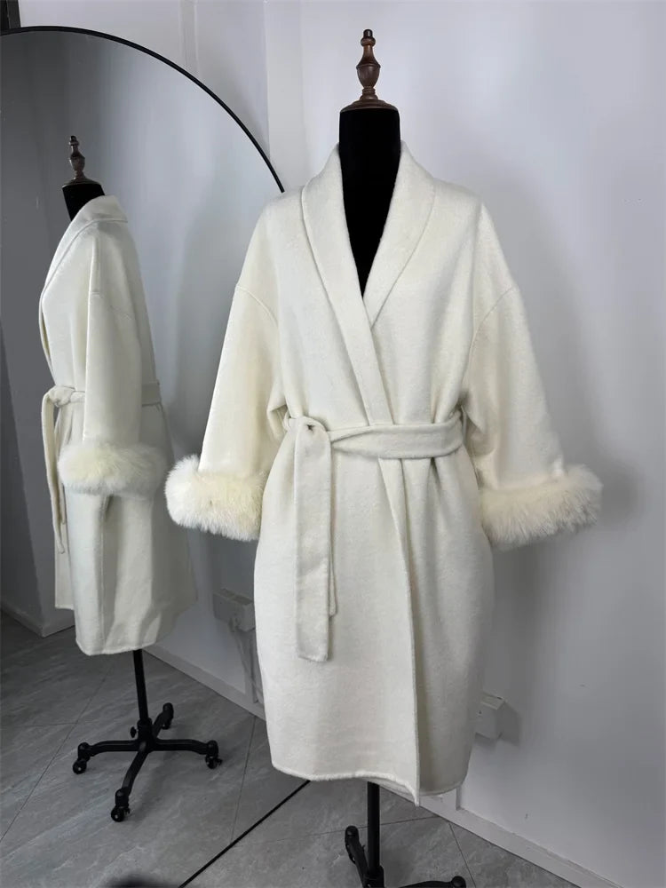 Tossy Fox Fur Wool Overcoat Women's Short Coat Office Lady Elegant Double-sided Woolen Coat 2025 New Cardigan Jackets Loose Wool