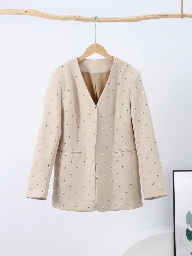 Rivet Fashion V-neck Balzer Coat Women Shoulder Pads Loose Fake Pocket Long Sleeve Jacket 2025 Spring Street Party Commute Tops