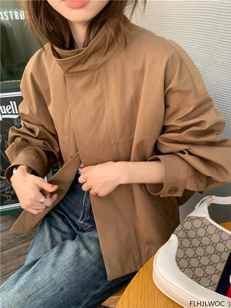 Korea Short Outerwear Woman Casual Loose Lazy Chic Long Sleeve Cotton Blends Windbreaker Coats Thin Thench