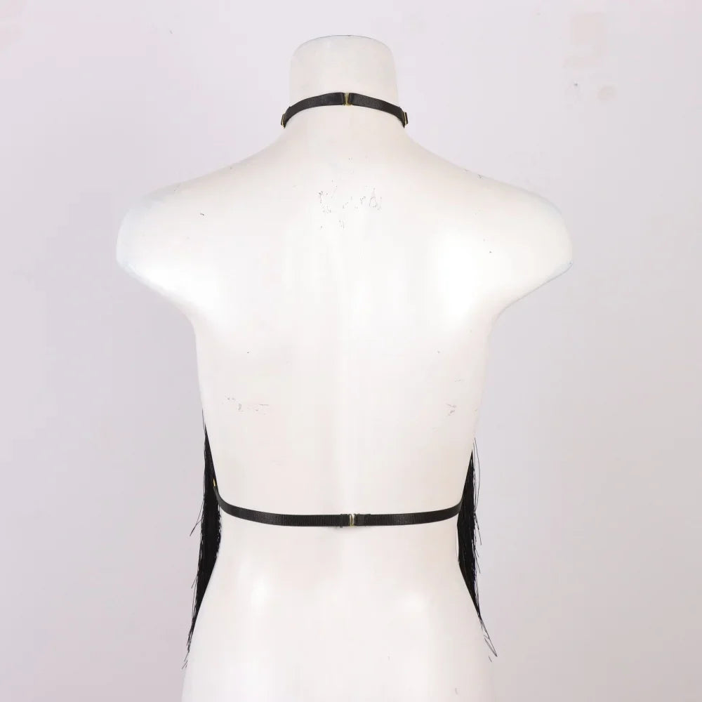 Women'S Black Tassel Halter Top-Adjustable Elastic Harness, All-Season Wear, Casual Attire Top,Tassel Detail Top