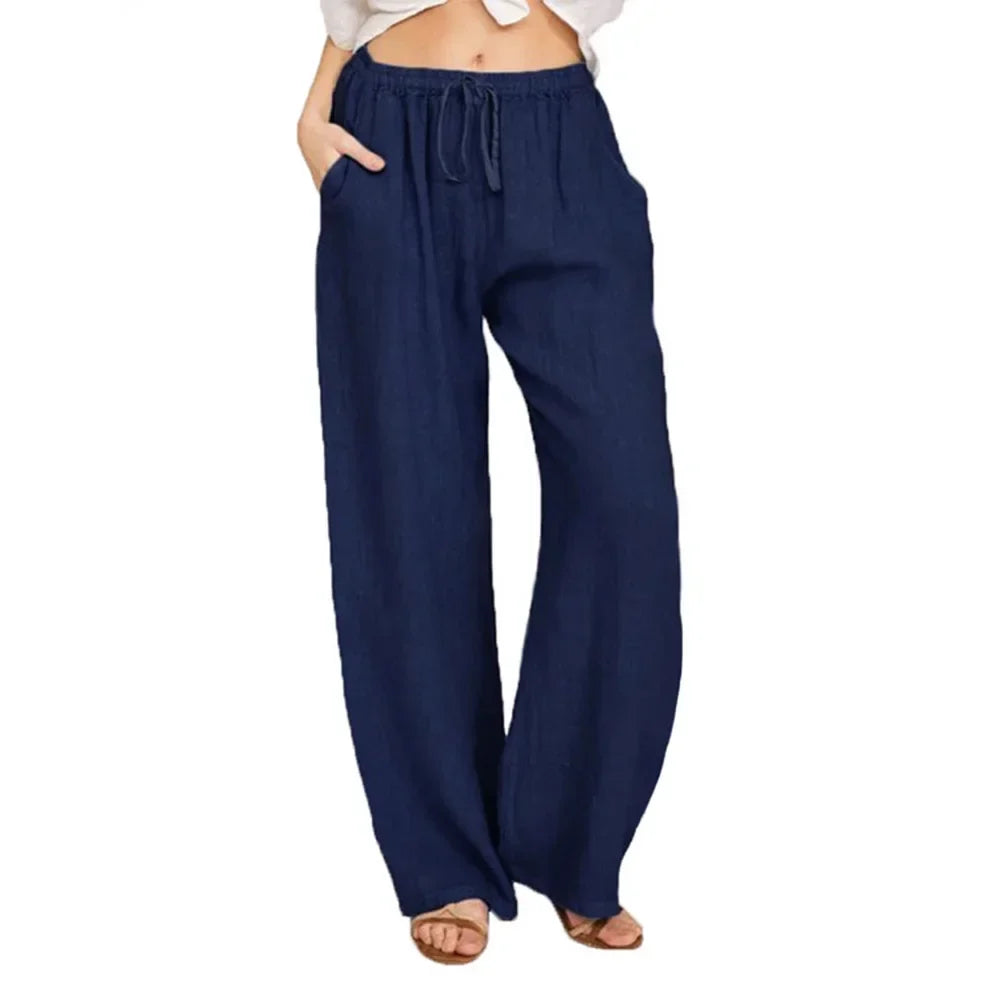Summer Autumn Women Fashion Cotton Linen Pants Elastic Waist Loose Straight Pants Female Casual Solid Color Versatile Trousers