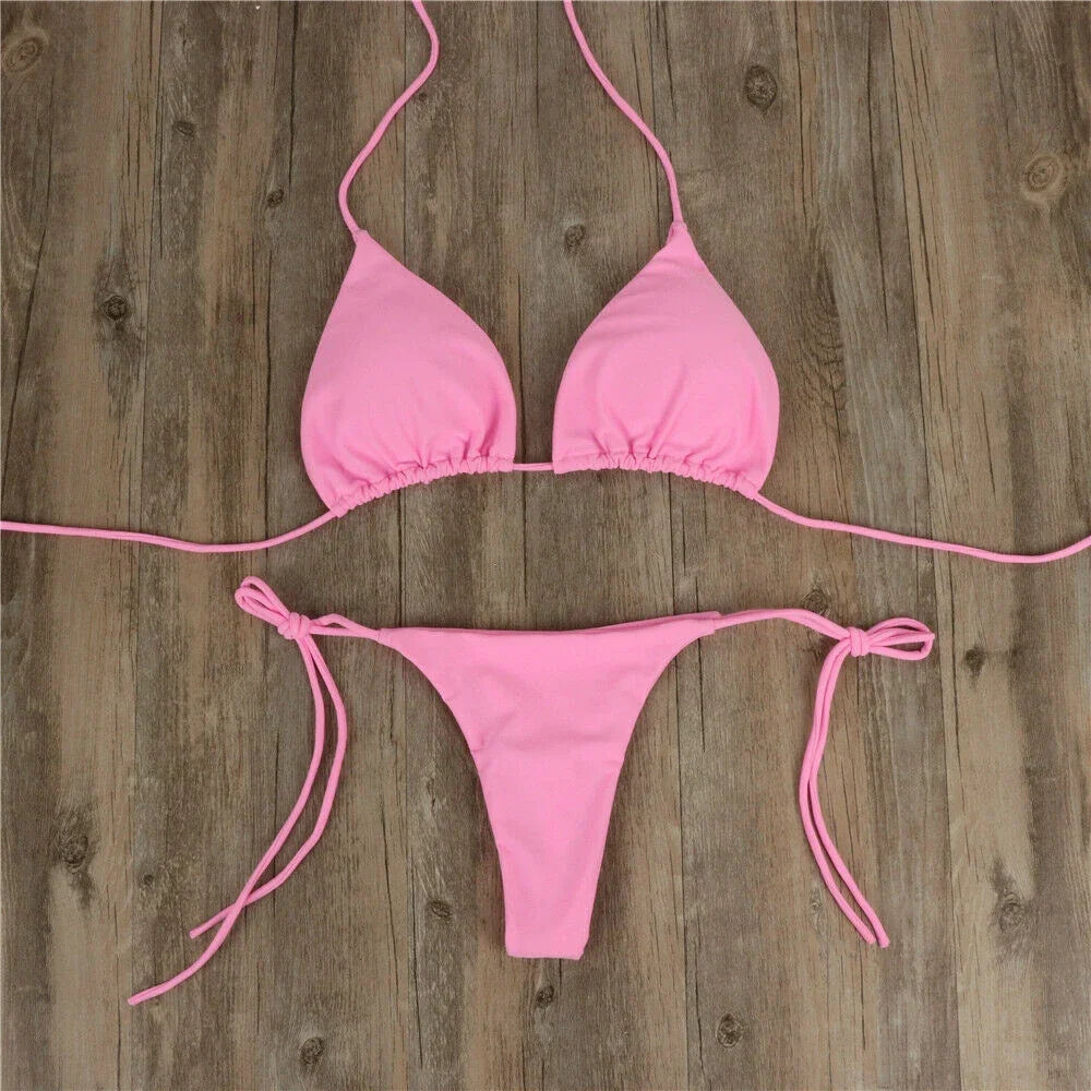 Women Tie Sexy Thong Bikini Set Side Swimsuit Bandage Style Brazilian Swimwear Split Strap Adjustable Solid Female Swimsuit Set