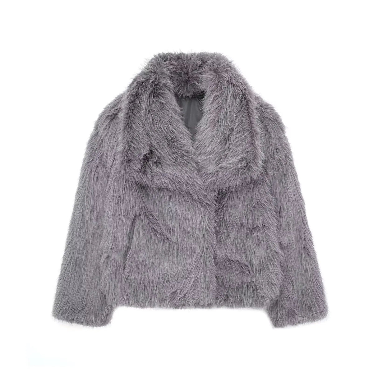HH Women Fashion Cropped Faux Fur Jacket Coat Long Sleeve Front Snap-button Female Outerwear Chic Lapel Collar Thick Coat