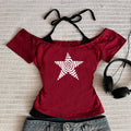Women's Harajuku 2025 Summer Casual T-Shirt Y2K Retro Streetwear Halter Neck Print Fake Two-Piece Set Fashionable Street Style
