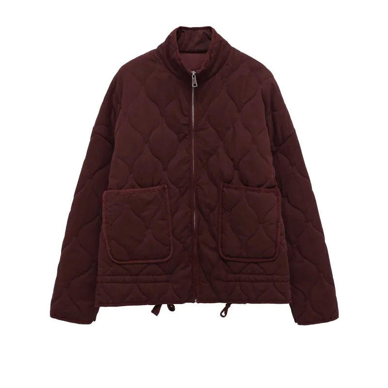 Women's Polyester Padded Jacket 2026New Arrival Vintage Lenzing Rayon High Collar Large Pocket Decorative Quilted Coat for Women
