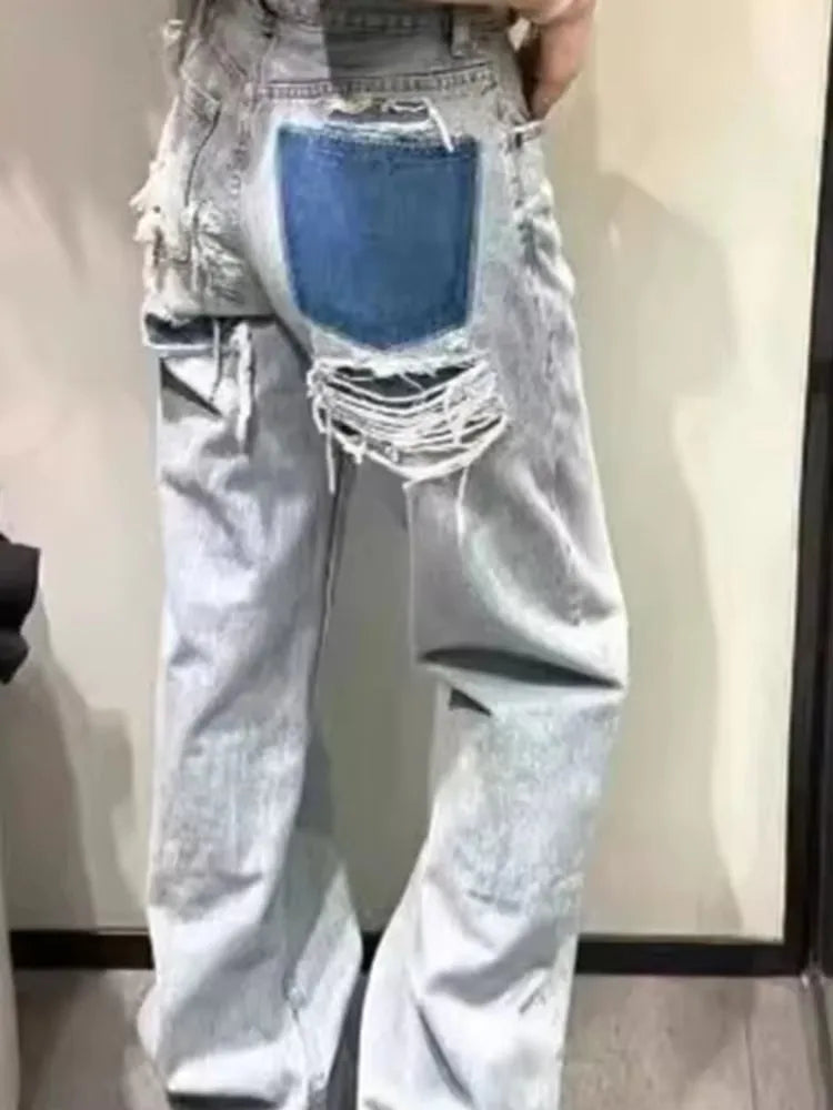 HH Jeans For Women Fashion Vintage Holes Decorated Denim Pant Patchwork High Waist Trousers Y2K 2024 High Street Lady Jeans