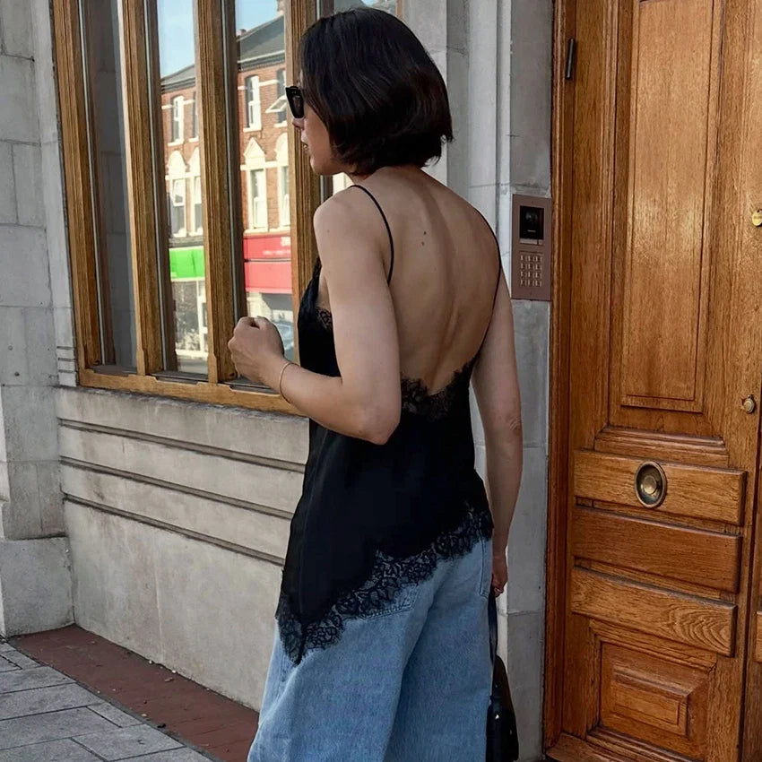 Linad Sexy Black Backless Lace Camisole Women Street Chic Spaghetti Strap Tops Female Casual Patchwork Silk Vest Female 2025
