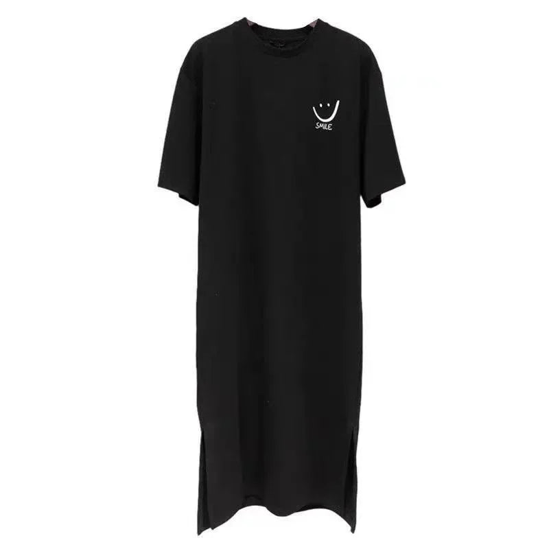 2025 Plus Size Summer Women's Smiley Side-Slit T-Shirt - Casual Loose Fit Dress
