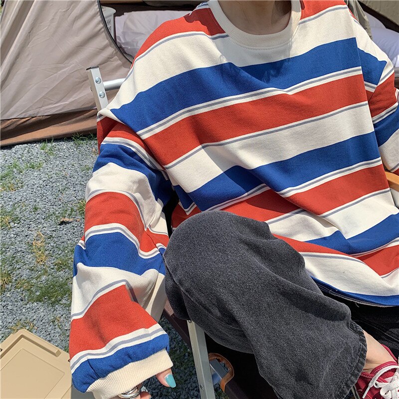 Reaper unit worldwide Striped POLO Shirt Men Women Casual Loose Couple BF Lapel Sweatshirts