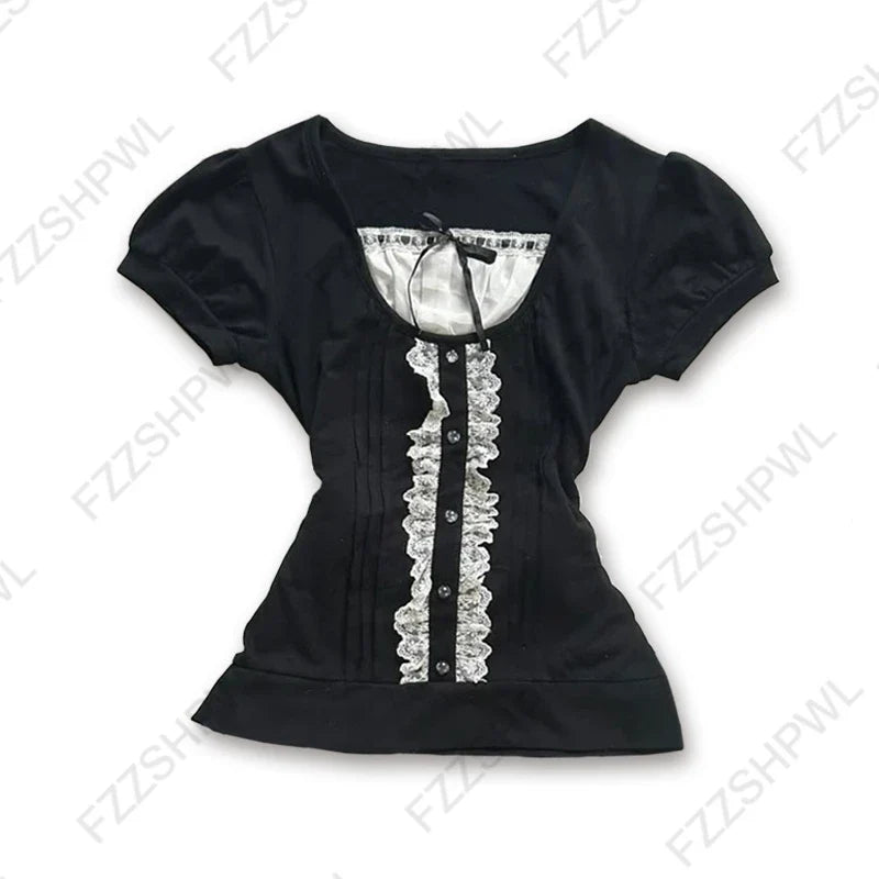Vintage Slim Lace T-shirt Solid Color Casual Pattern Commuter High Street Fashion Y2K Cropped Top Trash Punk hop Women's T-shirt