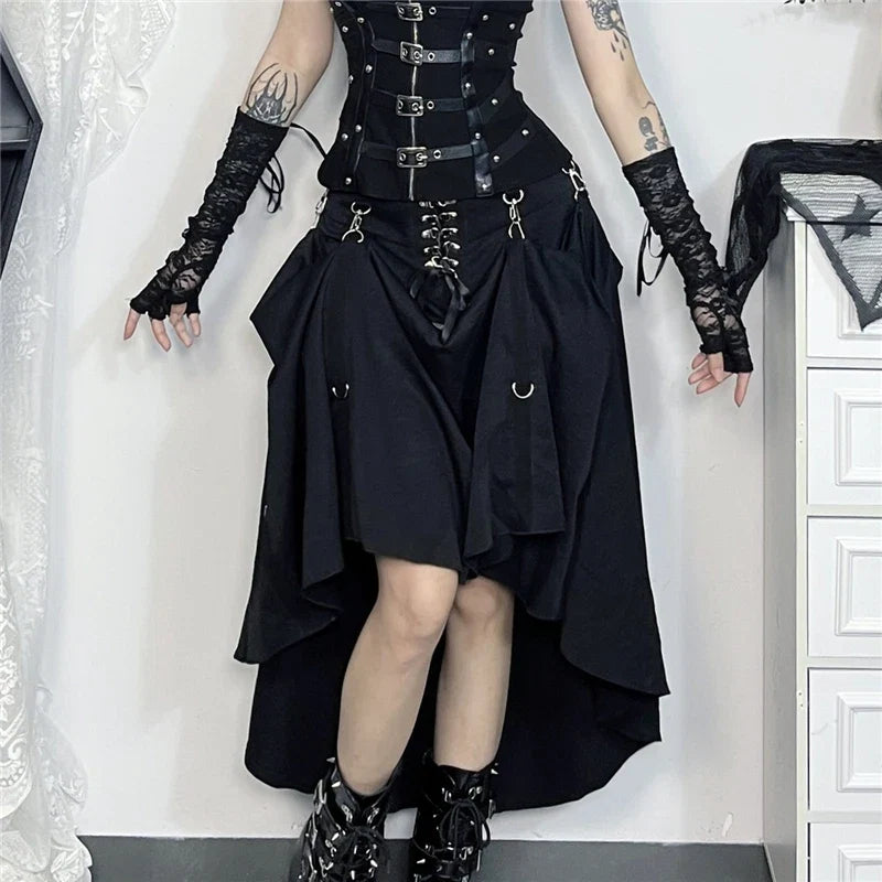Goth Streetwear Gothic Skirt Women Harajuku Emo Alternative Grunge High Waist Bandage A-line Skirts Y2k E-girl Indie Clothes