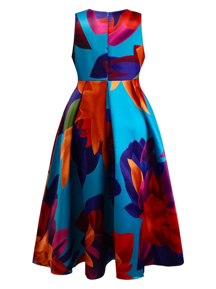 Women's Plus Size Dress Sleeveless Pleated A-Line Party Evening Maxi Dresses Floral Printed Casual Vintage Round Neck Dress
