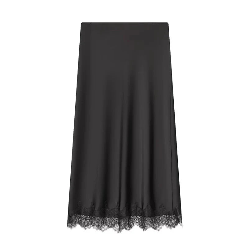 Women's Skirts Fashion Lace Decoration Satin Midi Skirt Vintage Women High Waist Long Skirts