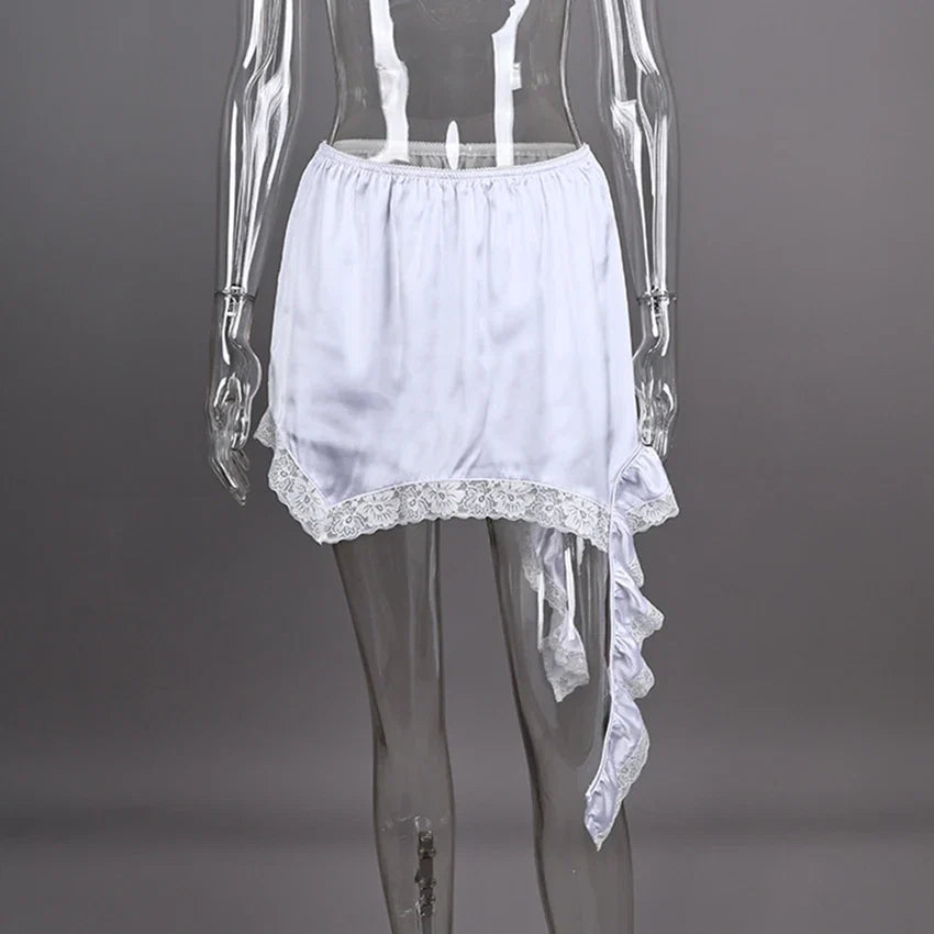 Linad Sexy Lace White Asymmetrical Midi Skirts Street Chic Satin High Waist Slim Skirt Summer Casual Solid Skirt Female 2025