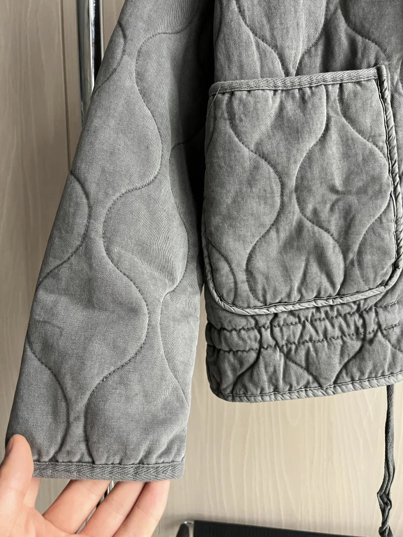 Women's Polyester Padded Jacket 2026New Arrival Vintage Lenzing Rayon High Collar Large Pocket Decorative Quilted Coat for Women