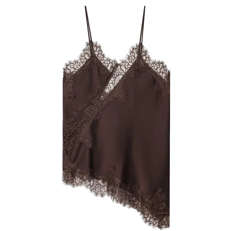 HXAO Asymmetrical Slip Top Women Summer 2025 Y2K Tanks & Camis Lace Black Off Shoulder Top Elegant Sleeveless Backless Camisole