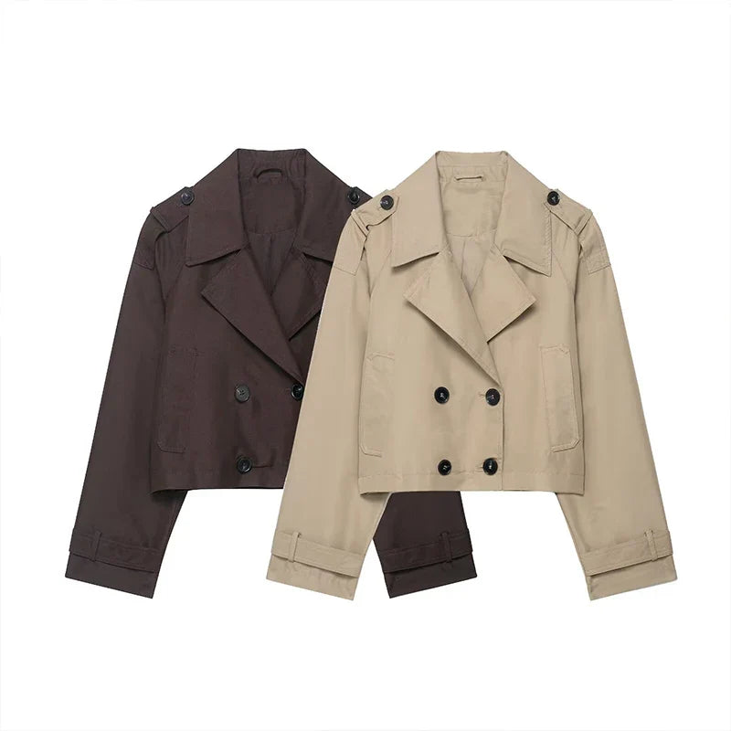 Women's Fashion Double Breasted Short Trench Coat Turn-down Collar Long Sleeve Coats Vintage Female Outerwear Chic Tops