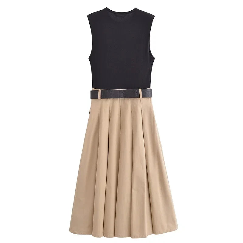 MUJER 2025 Woman Dresses Belt Pleated Midi Dress Women Sleeveless Summer Dress Woman Knitted Party Dresses for Women Sundress