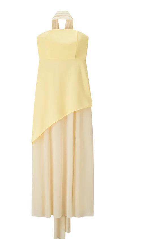 Elegant Women's Strapless Ribbon Long Dress Vintage Mesh Patchwork Corset Maxi Dresses Summer Evening Wedding Guest White Yellow