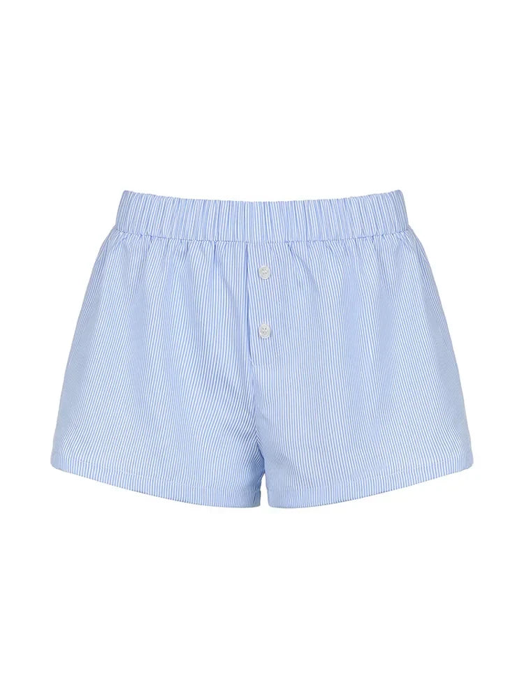 Women's Striped Print Casual Elastic Waist Shorts Y2K Loose Fit Summer Streetwear Chic Basic Fashion Button Detail