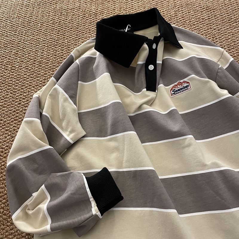 Reaper unit worldwide Striped POLO Shirt Men Women Casual Loose Couple BF Lapel Sweatshirts