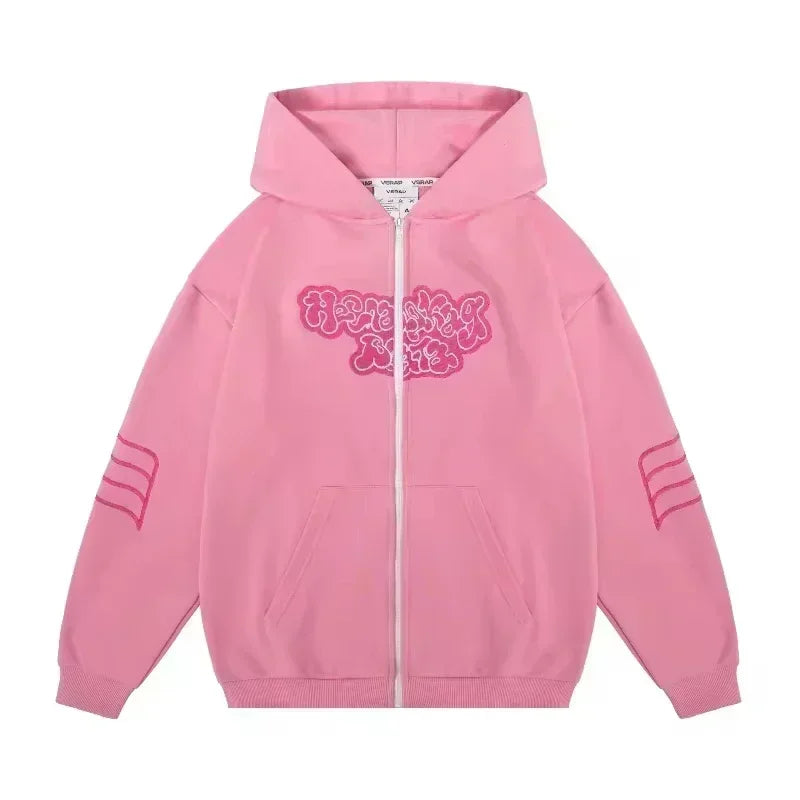 American Y2K New Hip Hop Trend Zipper Hoodie Women Street Casual Loose Joker Vintage Sweatshirt Unisex Fleece Padded Warm Hoodie