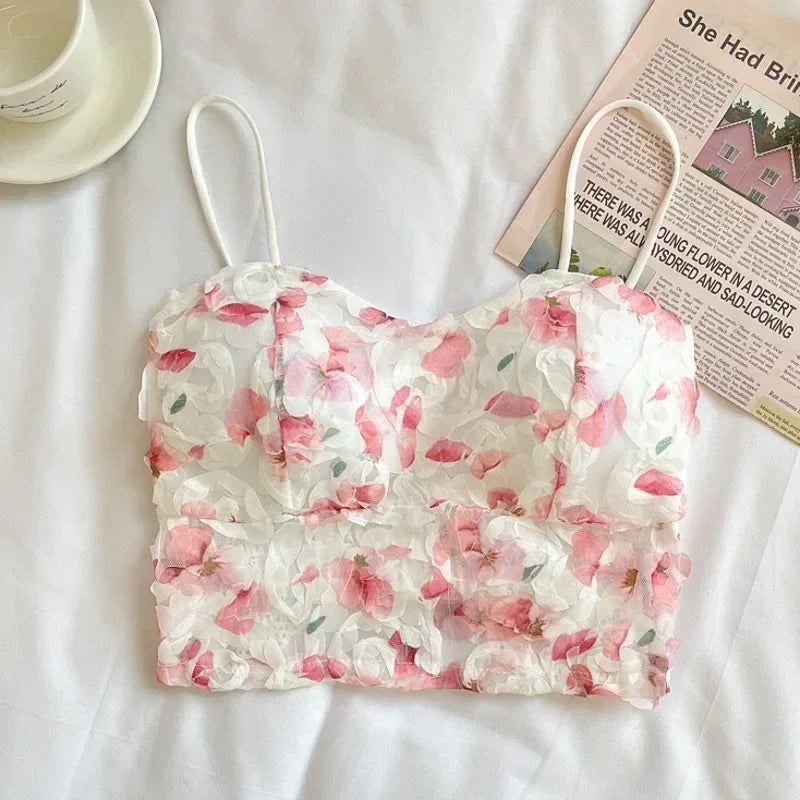 Fashion Sweet Floral Corset Vest Office Lady Beach Style Sleeveless Blouse Women Vintage Lace Slim Crop Top