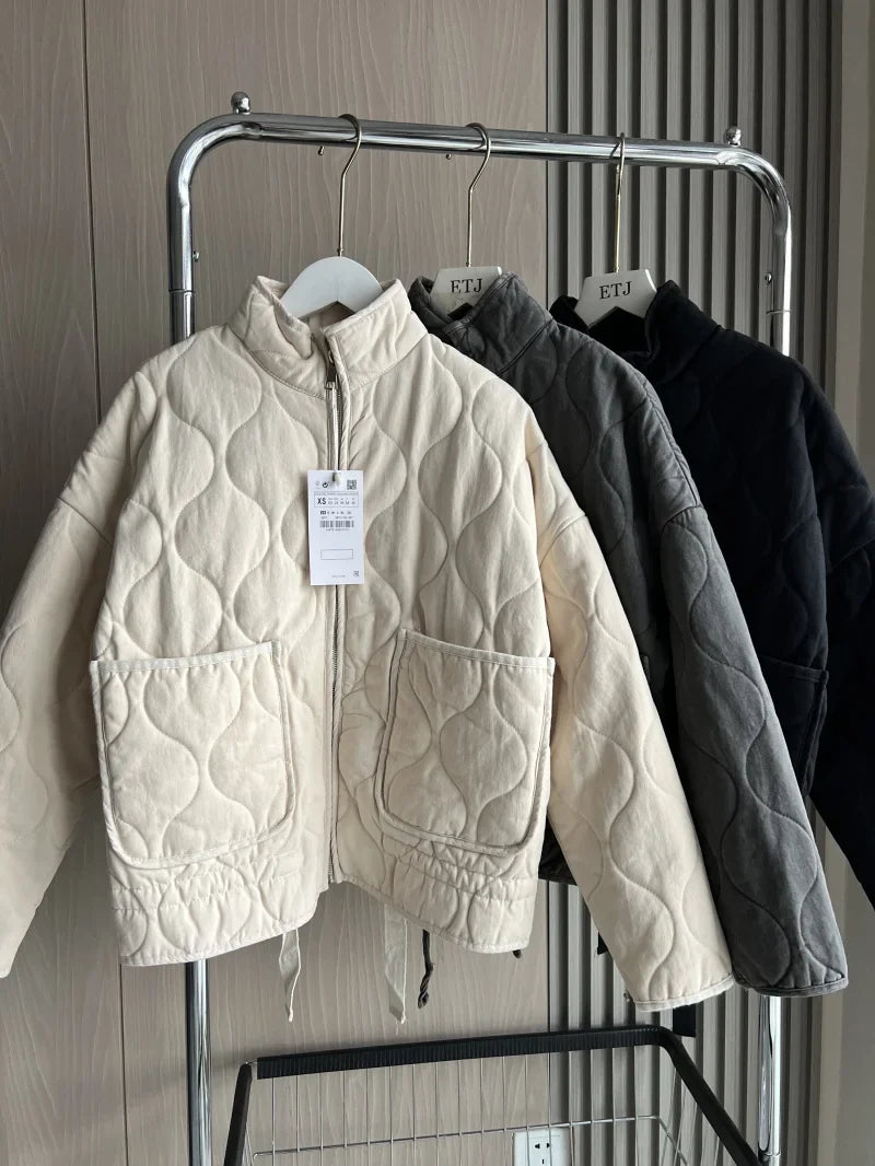 Women's Polyester Padded Jacket 2026New Arrival Vintage Lenzing Rayon High Collar Large Pocket Decorative Quilted Coat for Women