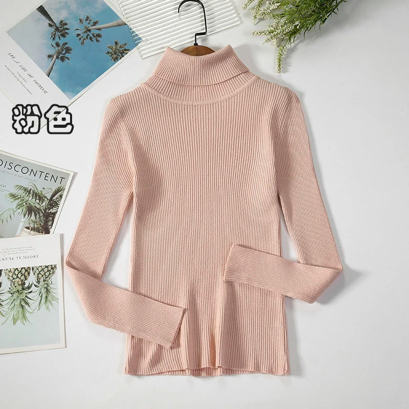2026 Simple Women Turtleneck Sweater Winter Fashion Pullover Elastic Knit Ladies Jumper Casual Solid Black Female Basic Tops
