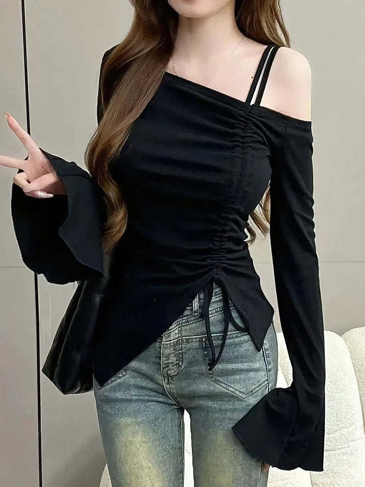 Sweet Sexy Drawstring Ribbon White Off Shoulder Top Women Basic Long Sleeve Body T-Shirt Elegant Flare Sleeve Lady Tees Pulovers