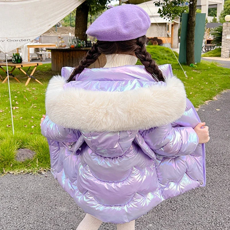 Cute Wings Winter Girls Jacket Keep Warm Princess Coat Fur Collar Hooded Zipper Windproof Girls Outerwear 2 3 4 5 6 8 10 Years