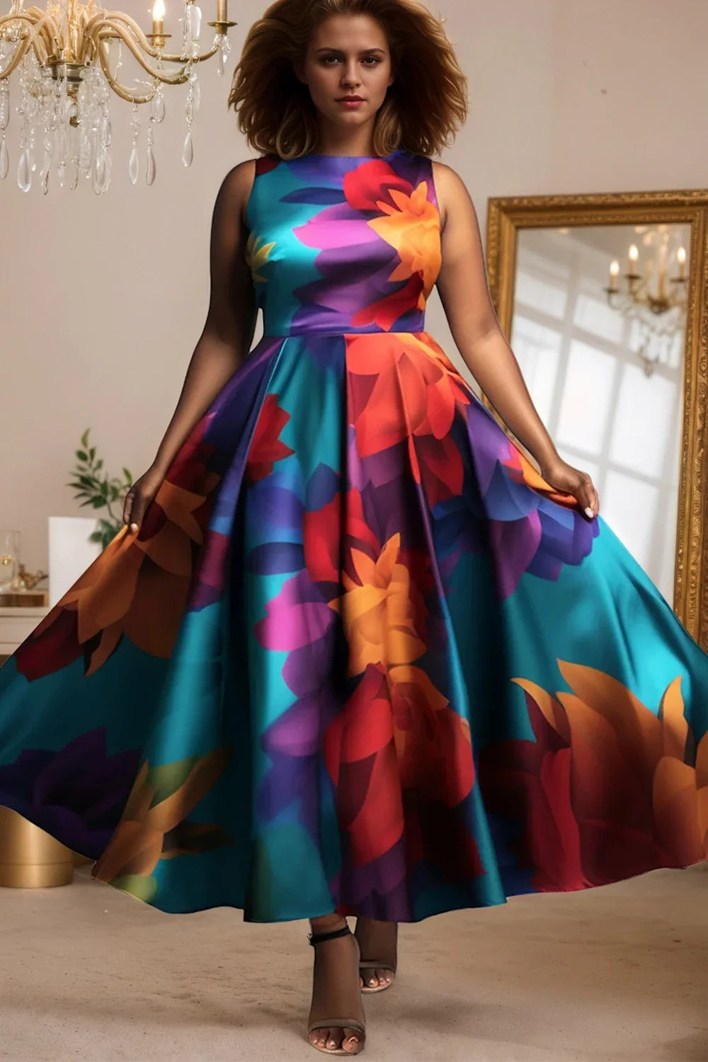 Women's Plus Size Dress Sleeveless Pleated A-Line Party Evening Maxi Dresses Floral Printed Casual Vintage Round Neck Dress
