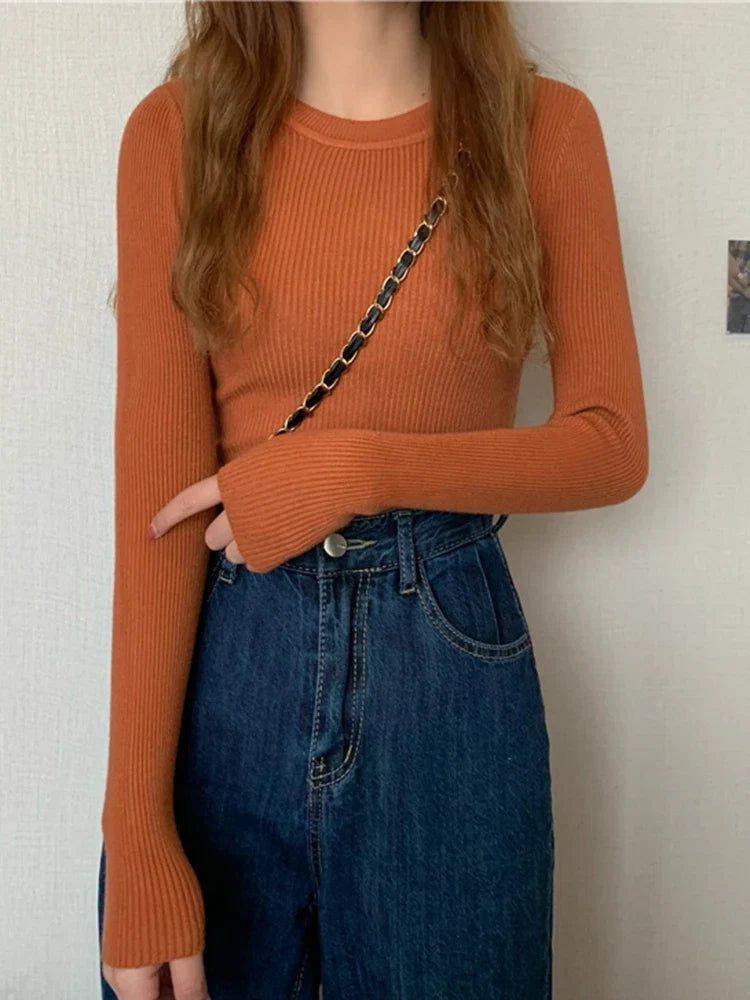 2026 New Women Sweater Autumn Winter Long Sleeve Pullover Basic Top Fashion O-neck Elastic Female Winter Solid Knitted Jumper