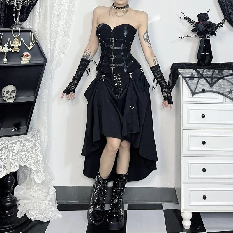 Goth Streetwear Gothic Skirt Women Harajuku Emo Alternative Grunge High Waist Bandage A-line Skirts Y2k E-girl Indie Clothes