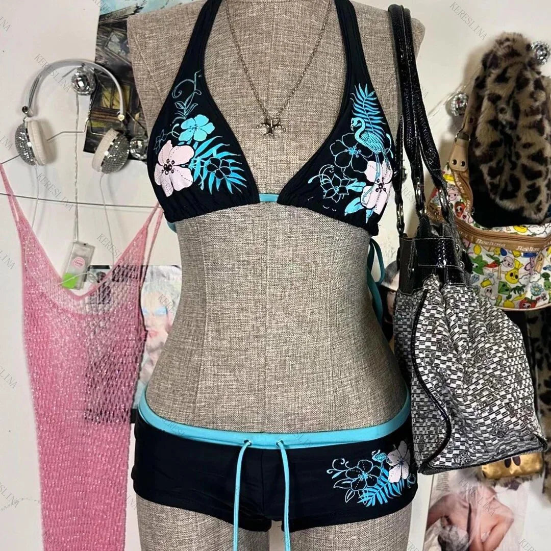 Vintage Flower print Cutie 2 set Bikini 2000s Swimsuit Sexy Women Bathing Fashion Halter Strap Swimwear High Street Beach Female