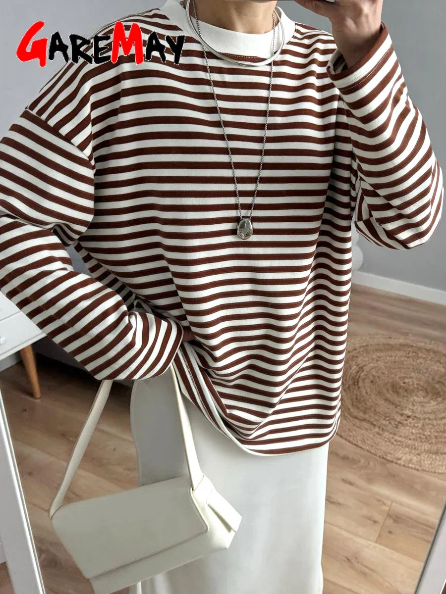 Women's Striped T-shirt 95% Cotton Oversized Black and White Casual Basic Long Sleeve Top Vintage  Casual T-shirts for Women