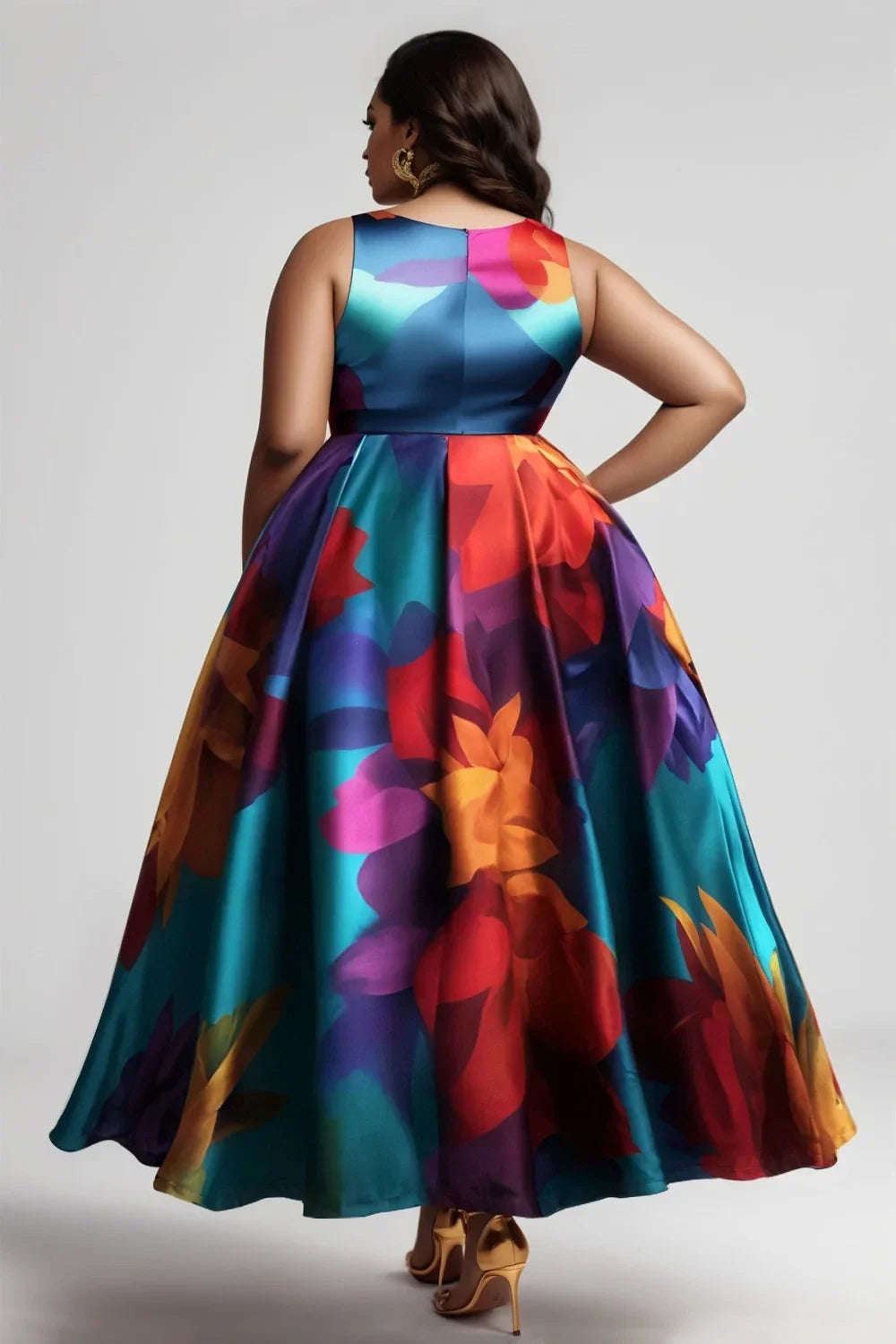 Women's Plus Size Dress Sleeveless Pleated A-Line Party Evening Maxi Dresses Floral Printed Casual Vintage Round Neck Dress