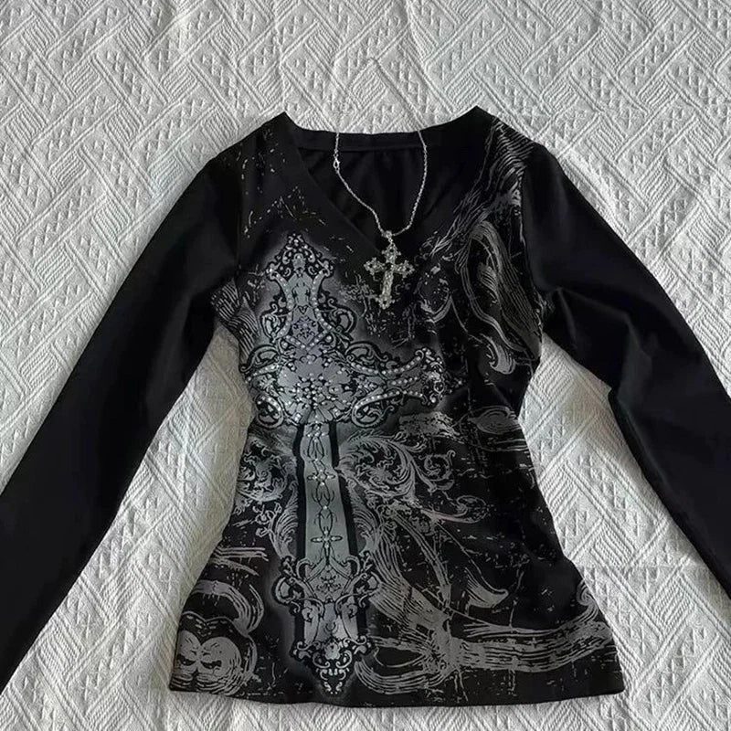 Women's Hip hop 90s Vintage Punk T-Shirt autumn Streetwear Sexy Short Sleeve Gothic Slim Crop Top Hotgirl Casual Femme Tee y2k