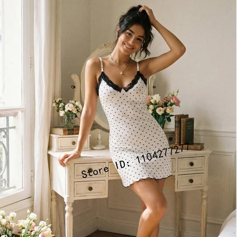 Women's Heart Print Lace Trim Camisole Nightdress,Sleeveless V-Neck Slim Fit Sexy Sleep Dress For Summer Daily Loungewear