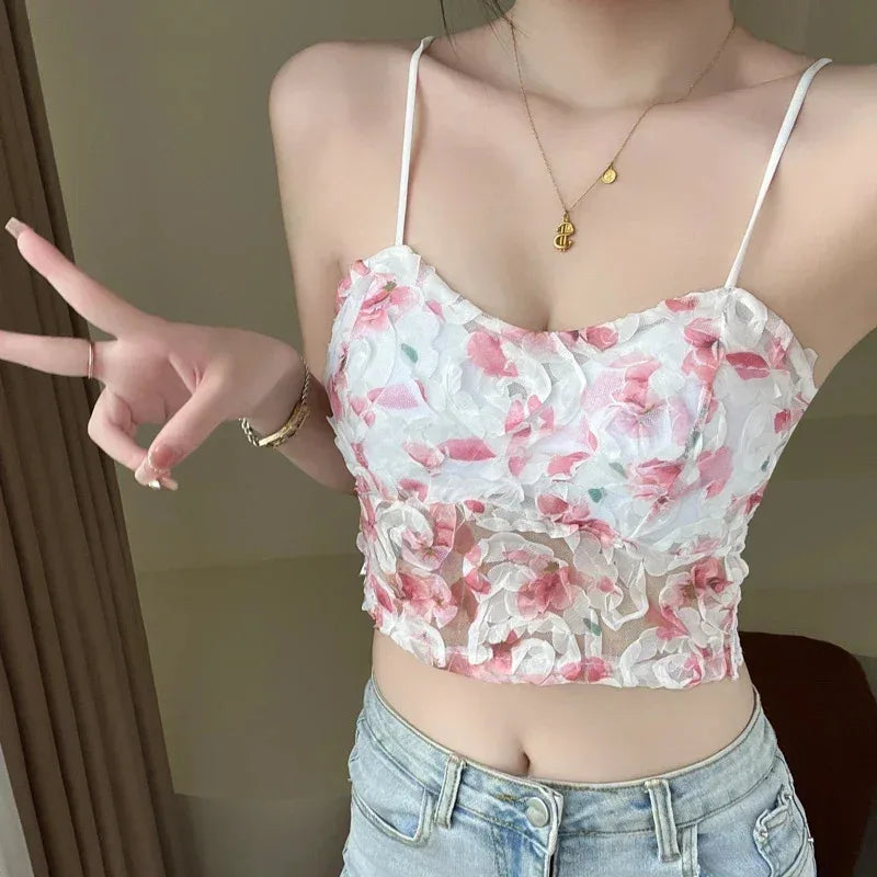 Fashion Sweet Floral Corset Vest Office Lady Beach Style Sleeveless Blouse Women Vintage Lace Slim Crop Top